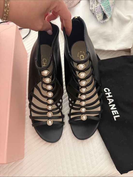 CHANEL Shoes - CHANEL Black Strappy Pearl-Button Heeled Sandals